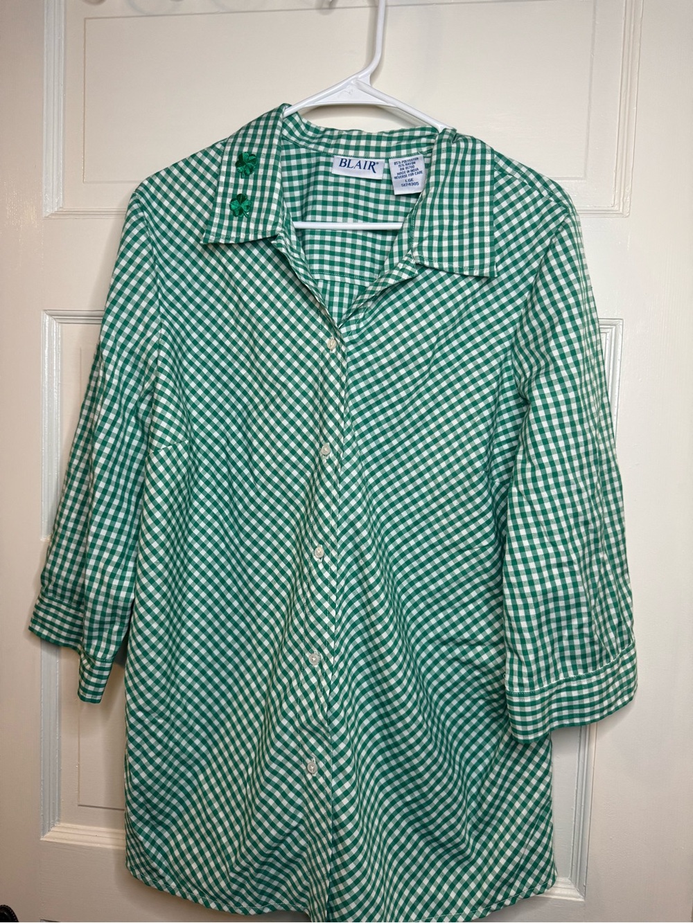 Vtg BLAIR Green Gingham st. Patricks day Button-Front Women's Top
